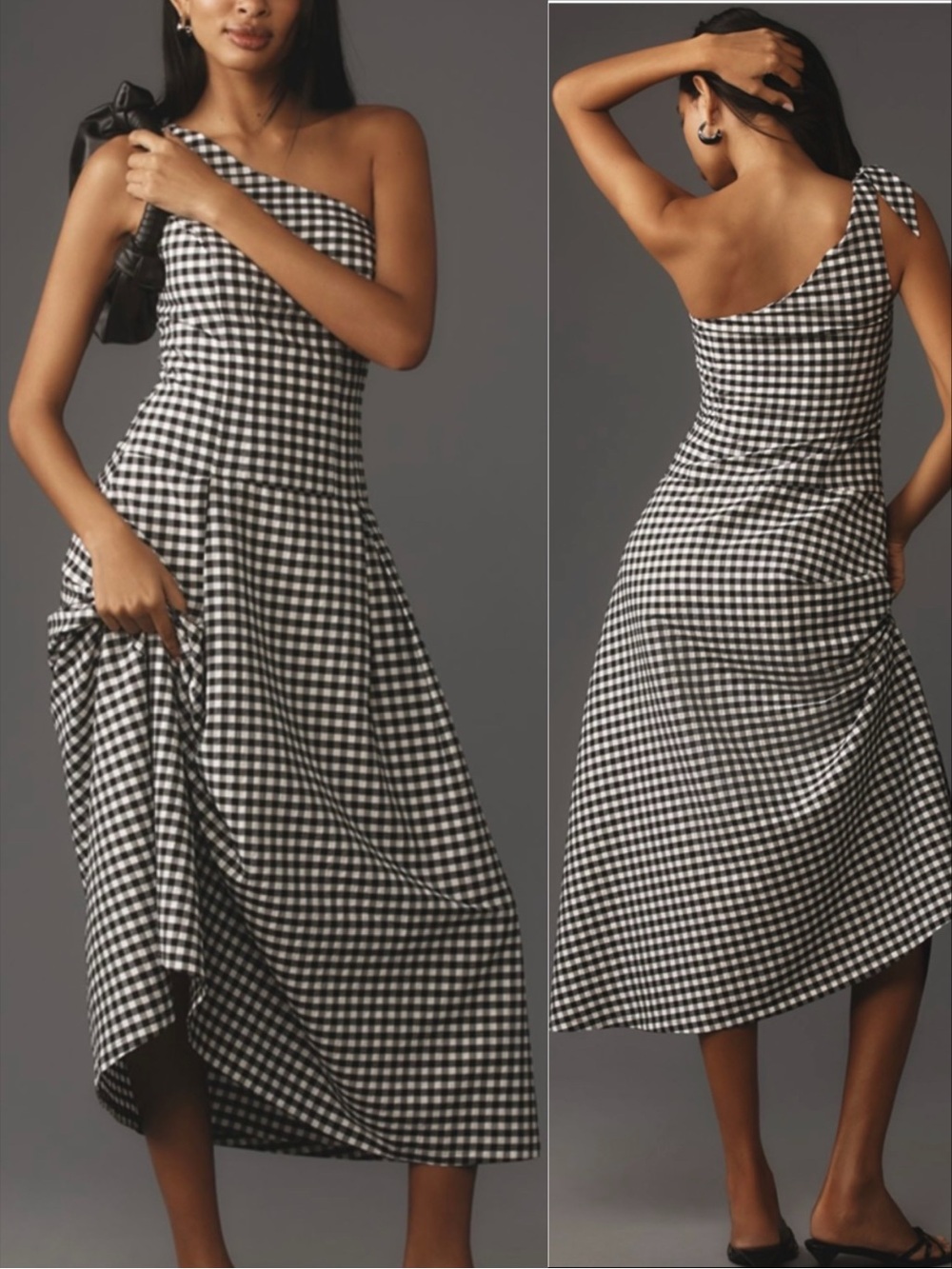 NWT Anthro Gingham One-Shoulder Midi Dress XS - Picture 2 of 15